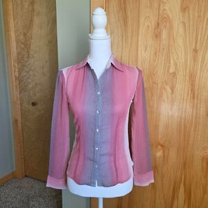 vintage y2k Espada semi sheer chiffon pink and grey striped collared blouse top